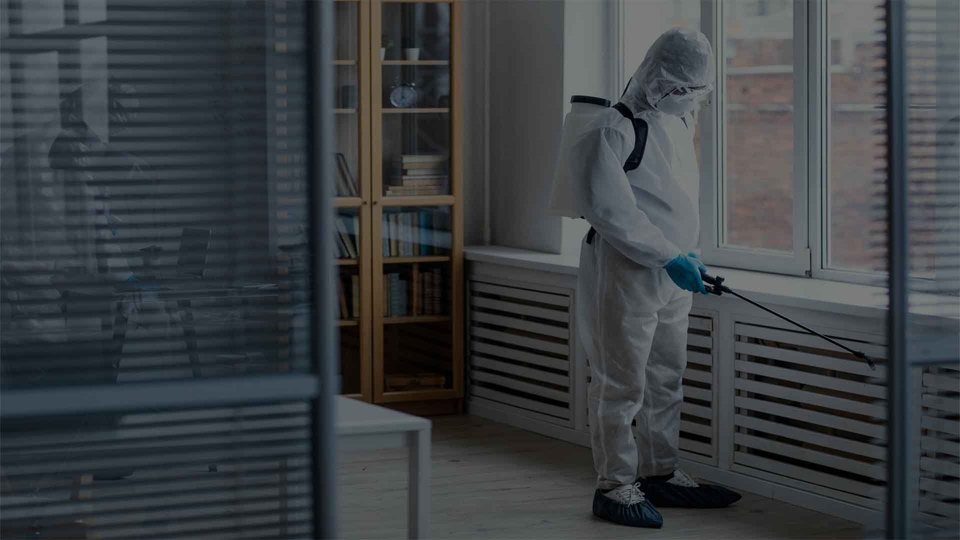 Person in white hazmat suit with blue gloves and shoe covers cleaning a window sill with a spray bottle and cloth, with a bookshelf and window with blinds in the background.